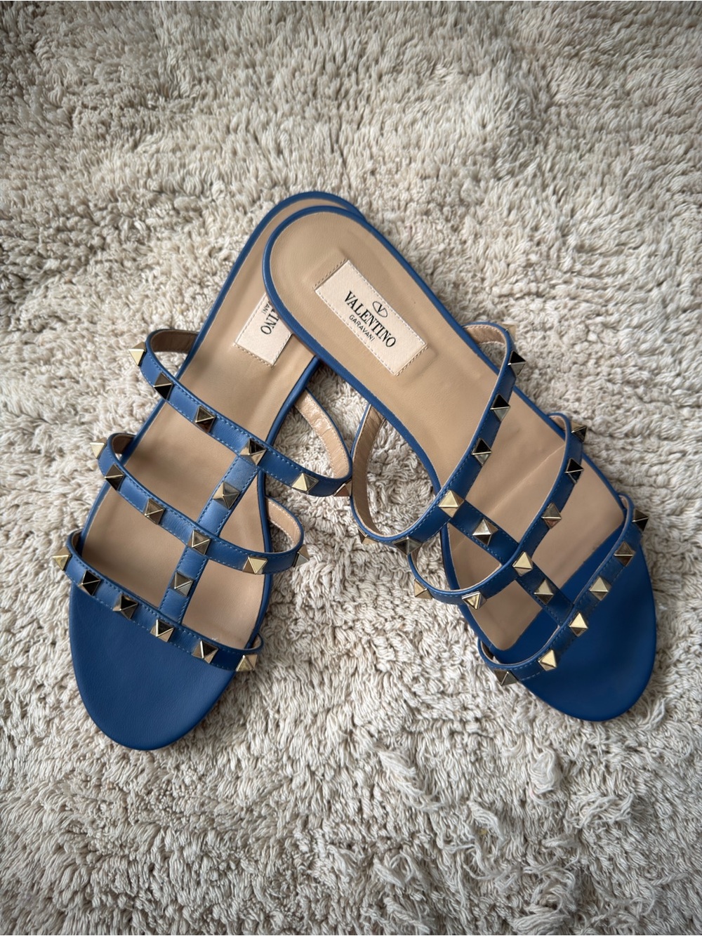 Valentino Blue Leather Rockstud Multi-Strap Mules